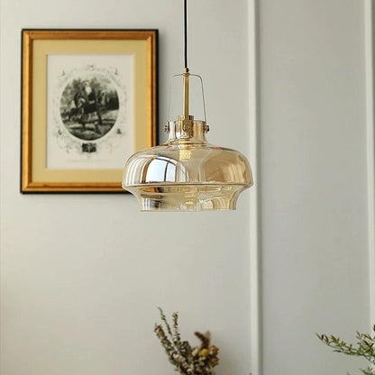 Postmodern Hanging Glass Pendant Light with Gold Details- Grey, Amber & Clear