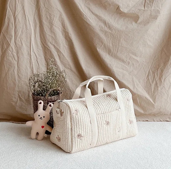 Large White Embroidery Baby Nappy Changing Washbag with Shoulder Strap - Bear, Bunny, Squirrel, Olive & Tulip