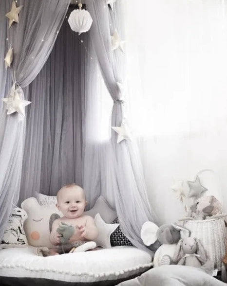 Kids Tulle Bed Canopy with Star Decoration - White, Beige, Pink, Grey, Blue & Purple