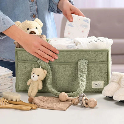 Multifunctional Bouclé & Fleece Style Nappy Caddy Storage Basket with Handles - Brown, Pink, Sage & Ivory