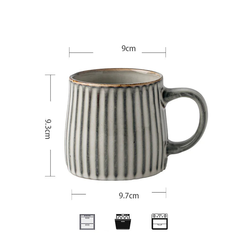 Large Handmade Ceramic Ripple Mug with Wooden Lid - Beige & Grey