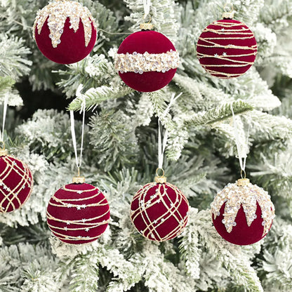 Set of 12 Velvet & Glitter Shatterproof Christmas Tree Baubles 6cm - Burgundy, Green & Cream