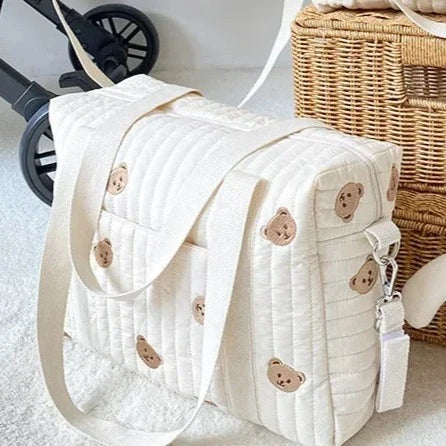 White Embroidery Baby Nappy Changing Washbag with Shoulder Strap - Bear