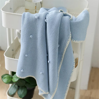 Knitted Cotton Swaddle Blanket for Baby with Knot Detail - Ivory, Beige, Pink, Grey & Baby Blue