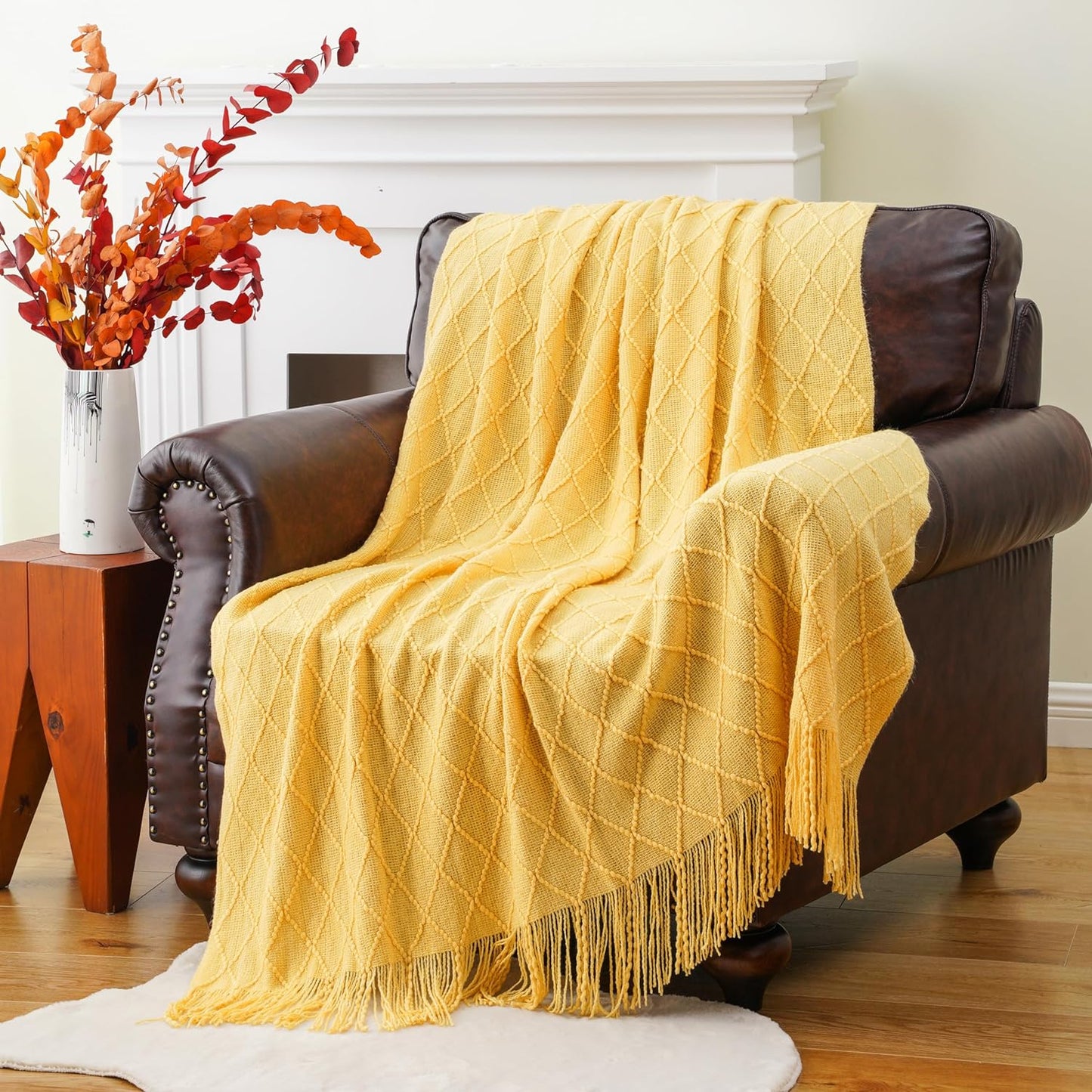 Nordic Knitted Crocheted Diamond Jacquard Throw Blanket with Tassels - 9 Colours