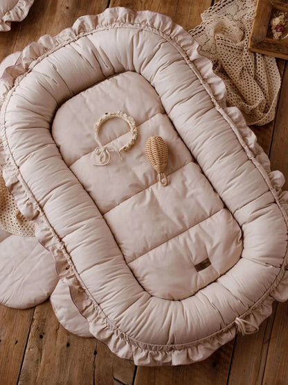 Decorative Portable Padded Lounger Baby Nest Pod & Bed with Frill Detail in Beige