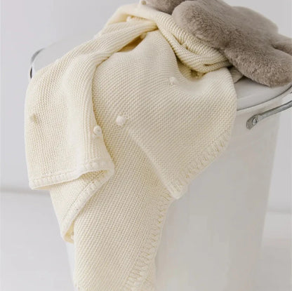 Knitted Cotton Swaddle Blanket for Baby with Knot Detail - Ivory, Beige, Pink, Grey & Baby Blue