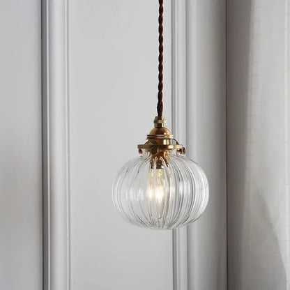 Nordic Inspired Ribbed Round Clear Glass Pendant with Brass Details