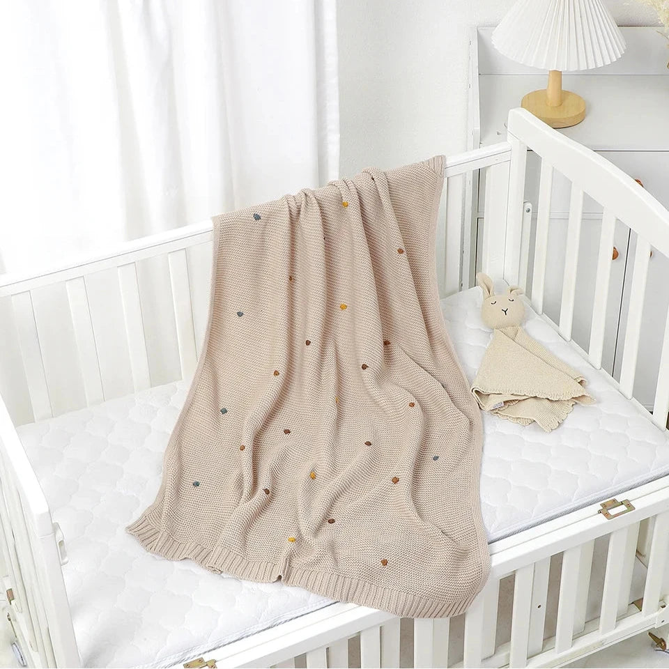 Knitted Cotton Swaddle Blanket for Baby with Colourful Knot Detail - Ivory, Beige, Pink & Bluish Grey