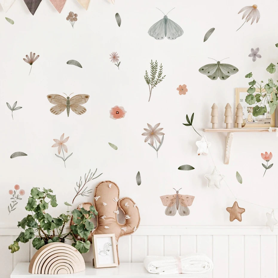 Playful Watercolour Wonders Wall Stickers: Hand Drawn Butterflies & Flowers