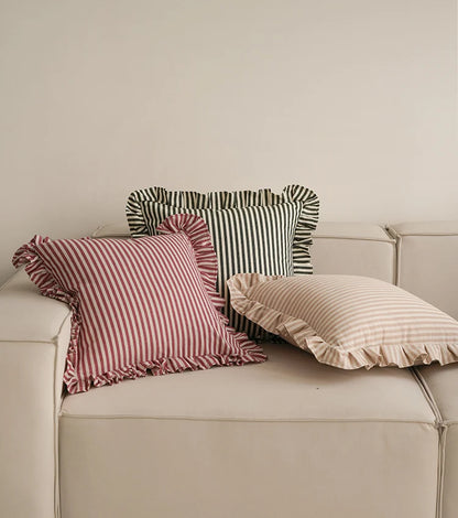 Soft Ruffled Pure Striped Cotton Cushion Covers with Frill Detail - 6 Colours