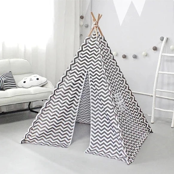 Grey Indoor & Outdoor Tipi Play Tent for Children With Stripes