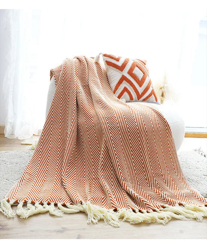 Traditional Luxury Geometric Knitted Blanket Throw With Tassels - Sage Green, Beige, Orange & Yellow