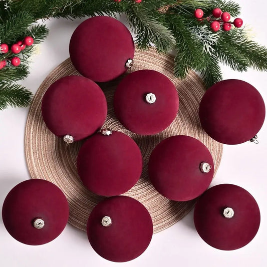 Set of 9 Large Shatterproof Velvet Christmas Tree Baubles 10cm - Burgundy