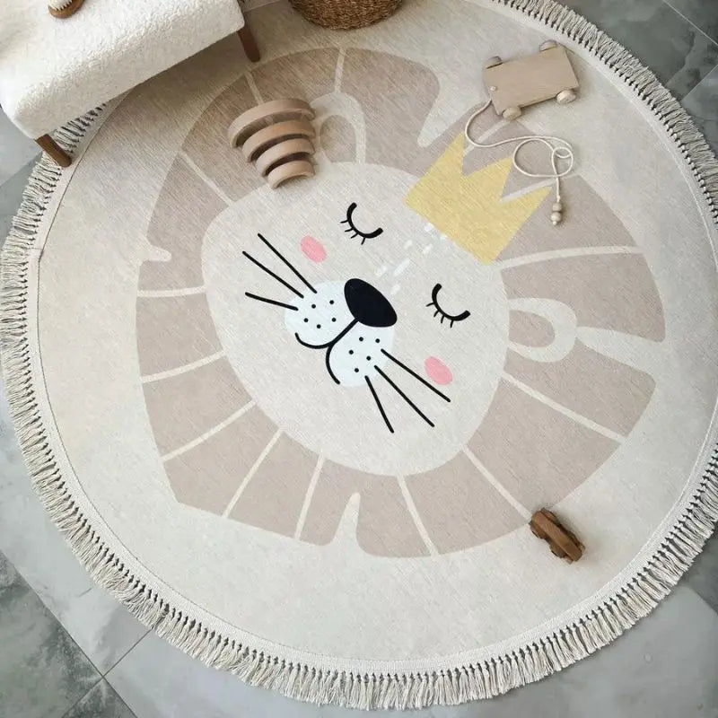 Light Beige Animal Playmat Children's Room Round Lion Rug - 3 Sizes