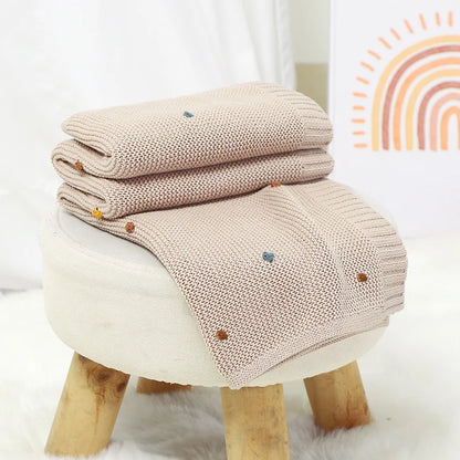 Knitted Cotton Swaddle Blanket for Baby with Colourful Knot Detail - Ivory, Beige, Pink & Bluish Grey