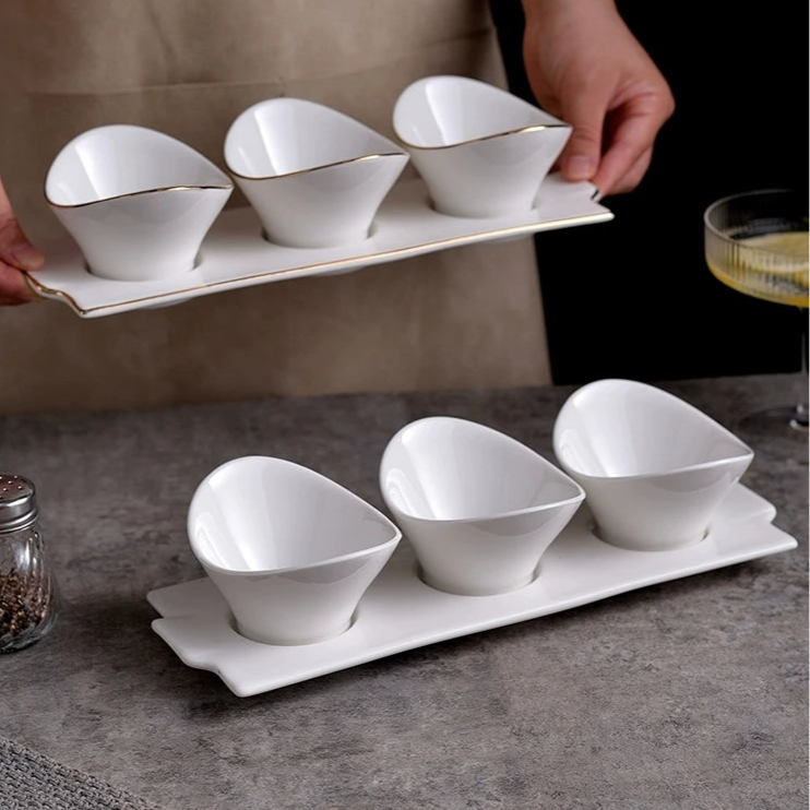 Set of 3 White Ceramic Ingot Dessert, Fruit & Snack Bowls with Plate - Gold & White