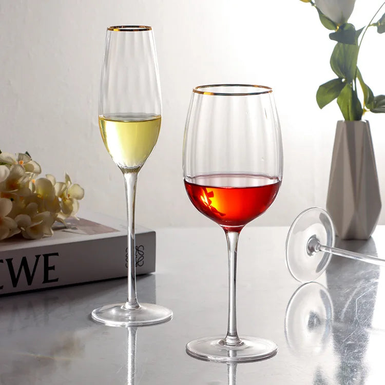 Set of 4 Sky Ripple Glass Wine & Champagne Glasses with Gold Edge - 5 Sizes