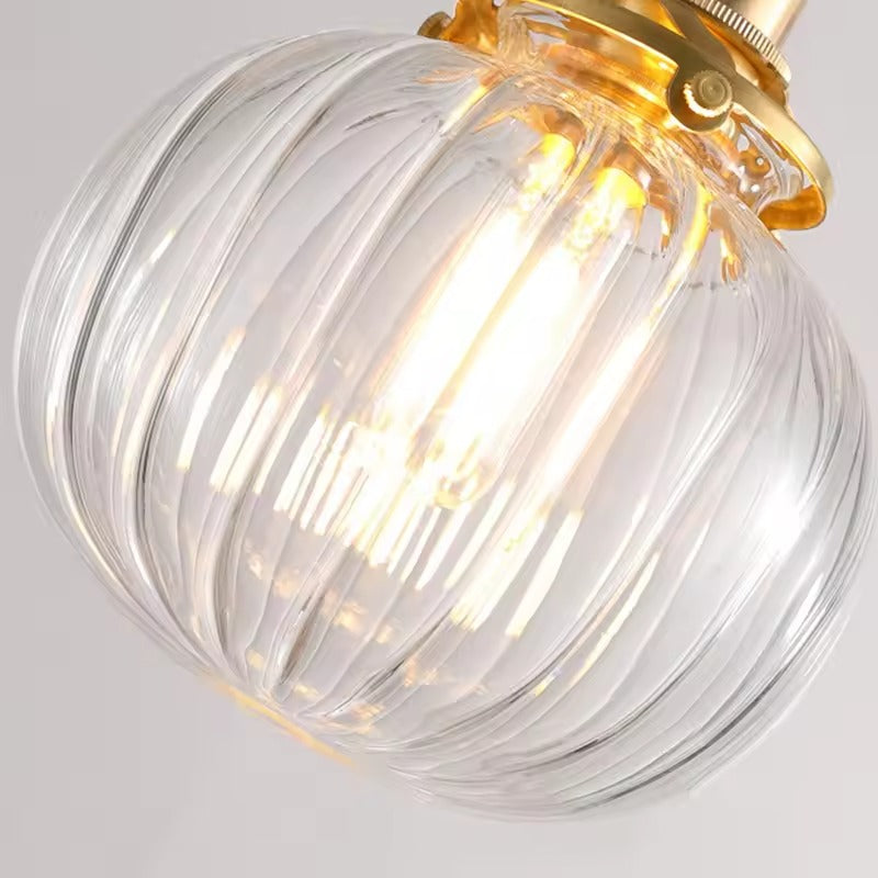 Nordic Inspired Ribbed Round Clear Glass Pendant with Brass Details