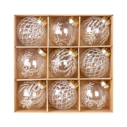 Set of 9 Round Shatterproof Christmas Tree Glitter Baubles - White, Champagne, Red & Green