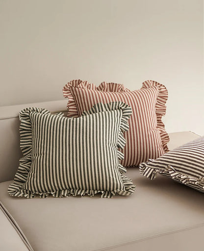 Soft Ruffled Pure Striped Cotton Cushion Covers with Frill Detail - 6 Colours