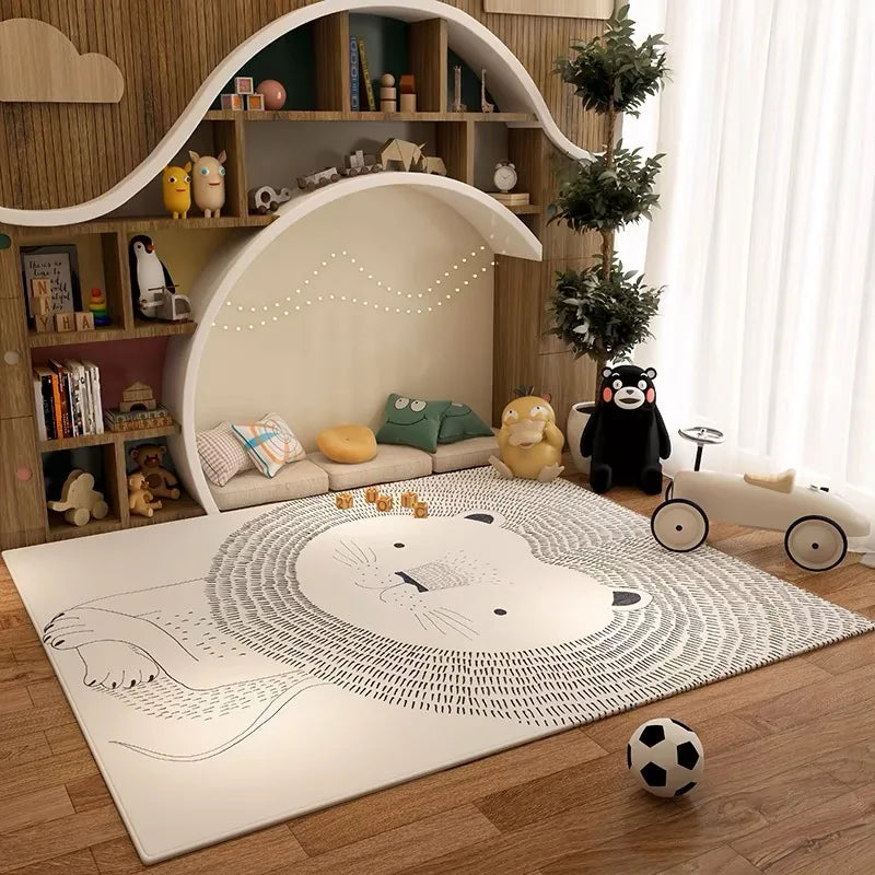 Large Rectangular Beige Animal Playmat Children's Room Round Lion Rug - 3 Sizes