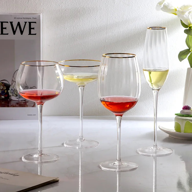 Set of 4 Sky Ripple Glass Wine & Champagne Glasses with Gold Edge - 5 Sizes
