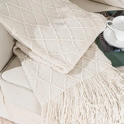 Nordic Knitted Crocheted Diamond Jacquard Throw Blanket with Tassels - 9 Colours