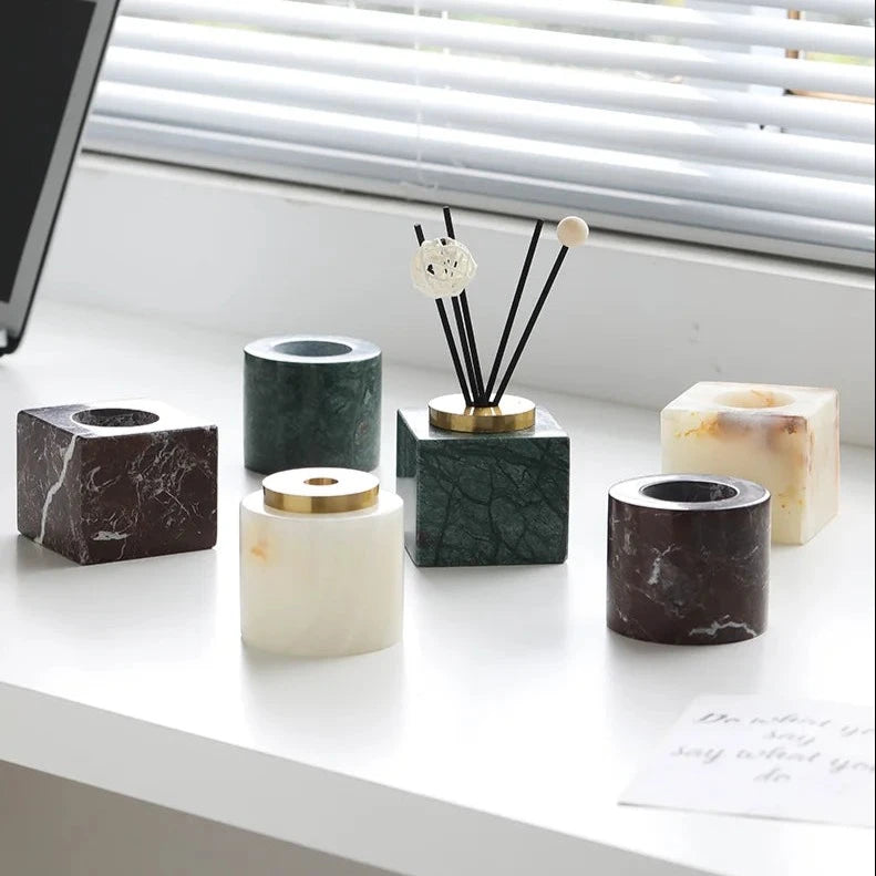 Handmade Square Luxury Natural Marble Home Fragrance Diffuser - White, Green & Brown Marble