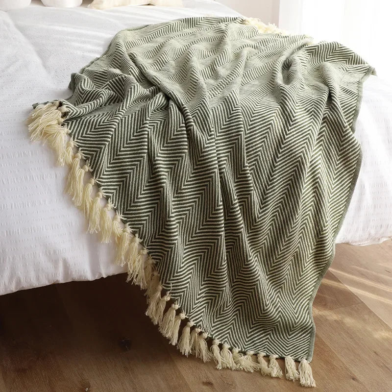 Traditional Luxury Geometric Knitted Blanket Throw With Tassels - Sage Green, Beige, Orange & Yellow