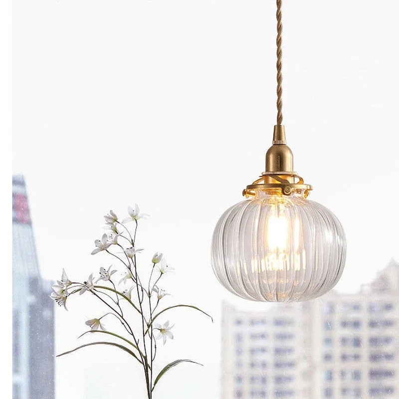 Nordic Inspired Ribbed Round Clear Glass Pendant with Brass Details