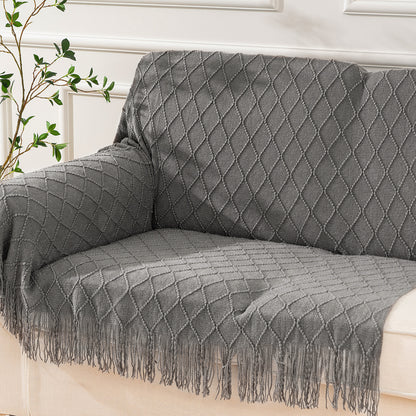 Nordic Knitted Crocheted Diamond Jacquard Throw Blanket with Tassels - 9 Colours