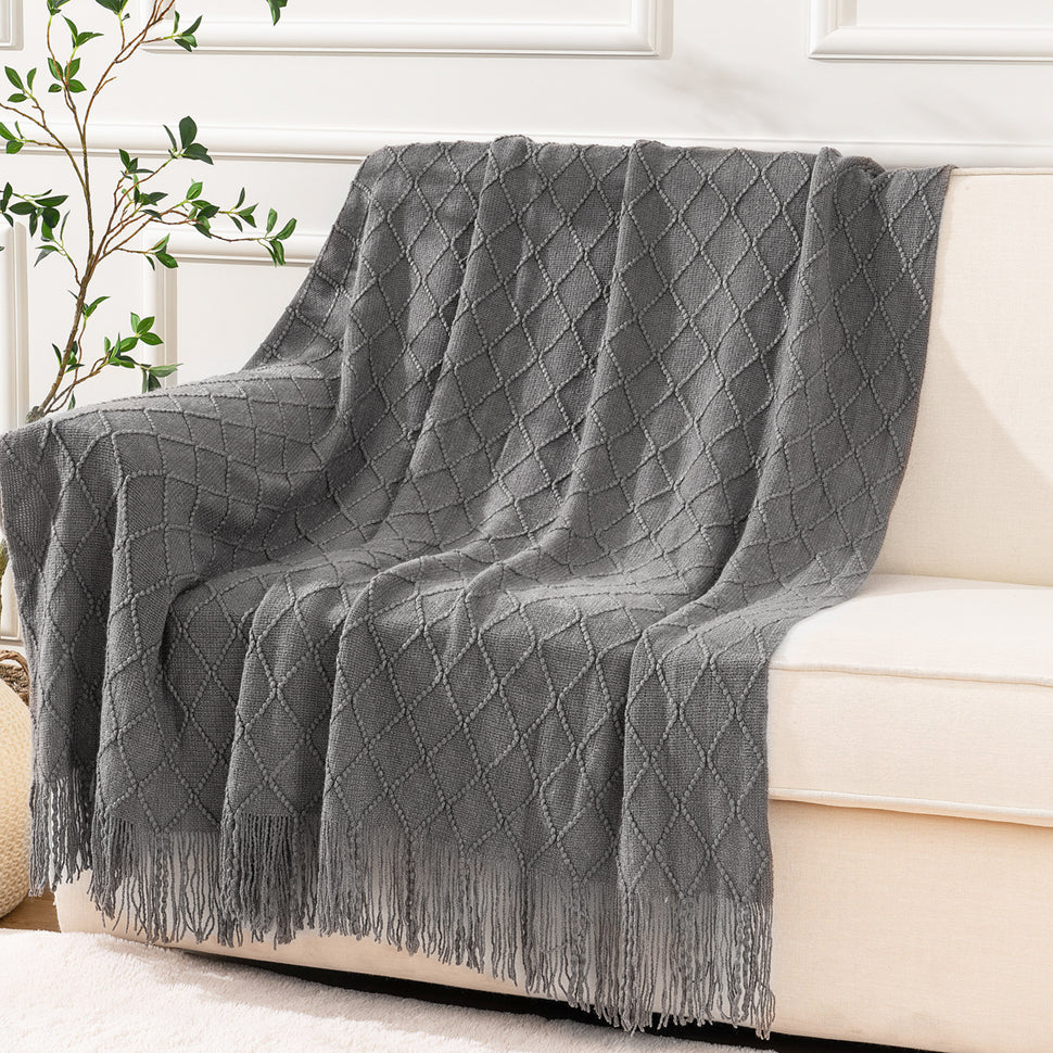 Nordic Knitted Crocheted Diamond Jacquard Throw Blanket with Tassels - 9 Colours