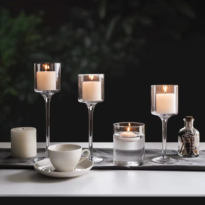 Set of 3 Clear Glass Pillar Candleholders