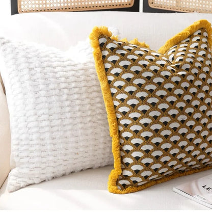 Modern Decorative Yellow & Gold Retro Geometric Cushion Cover with Frill - 3 Sizes