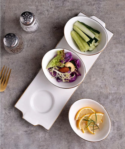 Set of 3 White Ceramic Ingot Dessert, Fruit & Snack Bowls with Plate - Gold & White