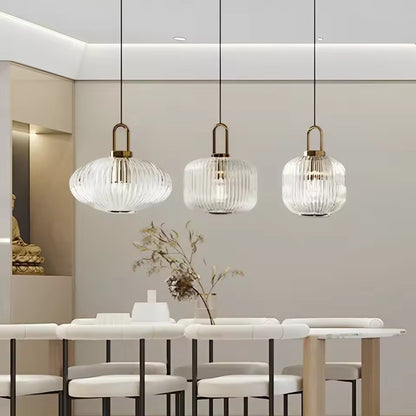 Luxurious Traditional Ribbed Holophane Pendant Light in 4 Shapes - Clear & White