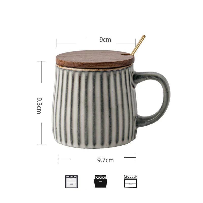 Large Handmade Ceramic Ripple Mug with Wooden Lid - Beige & Grey