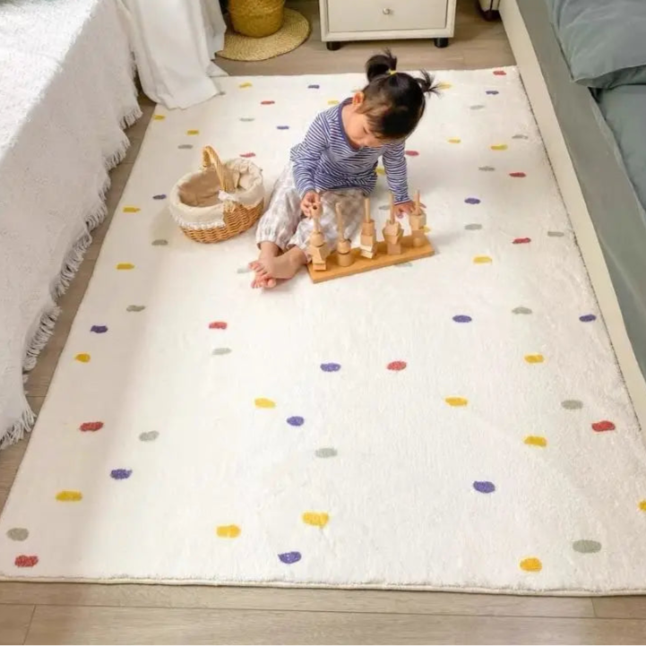 Soft Rectangular White Play Mat For Children's Room with Colourful Dot Detail - 5 Sizes