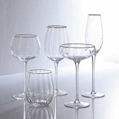 Set of 4 Sky Ripple Glass Wine & Champagne Glasses with Gold Edge - 5 Sizes
