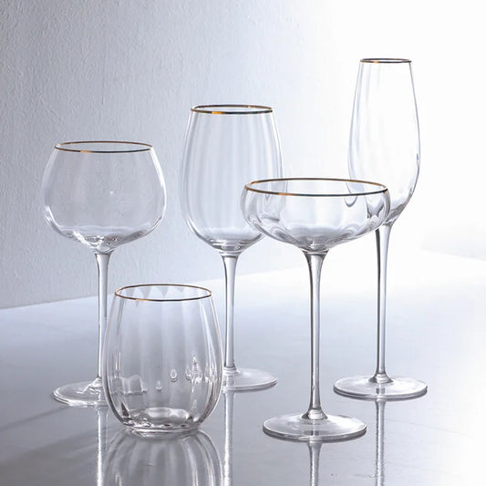 Set of 4 Sky Ripple Glass Wine & Champagne Glasses with Gold Edge - 5 Sizes