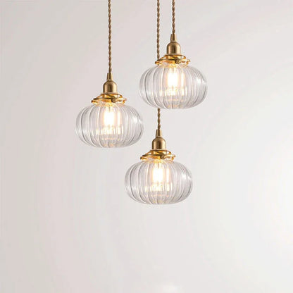 Nordic Inspired Ribbed Round Clear Glass Pendant with Brass Details