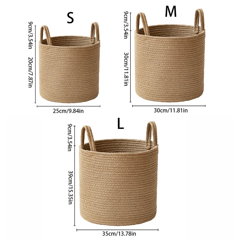 Handmade Round Woven Cotton Rope Foldable Basket with Handles - Beige & White