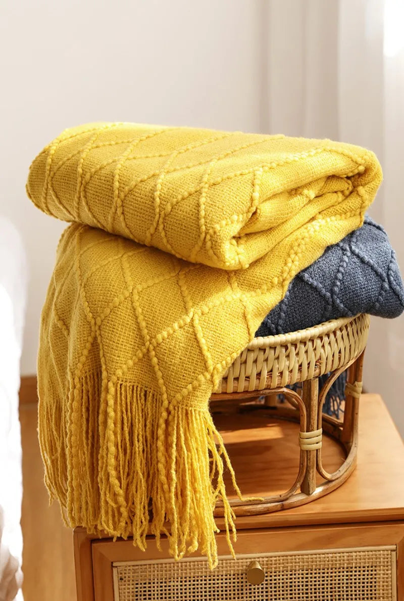 Nordic Knitted Crocheted Diamond Jacquard Throw Blanket with Tassels - 9 Colours