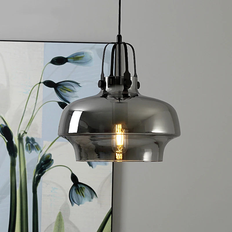 Postmodern Hanging Glass Pendant Light with Gold Details- Grey, Amber & Clear