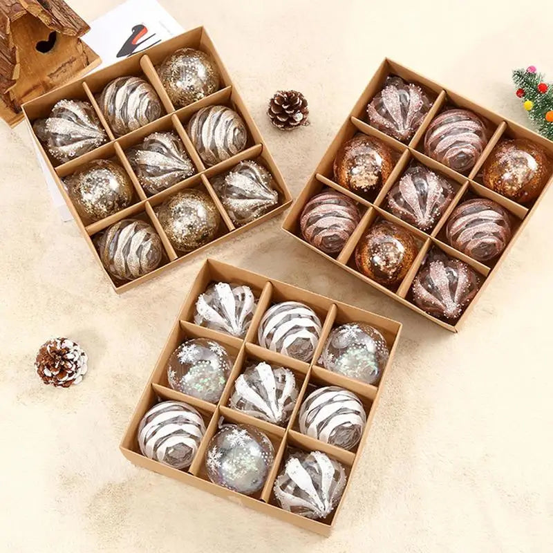 Set of 9 Droplet Shatterproof Christmas Tree Glitter Baubles - White, Champagne, Rose Gold