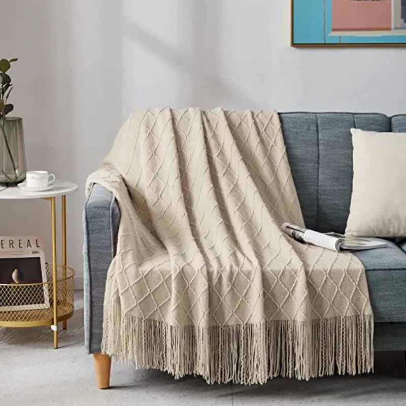 Nordic Knitted Crocheted Diamond Jacquard Throw Blanket with Tassels - 9 Colours