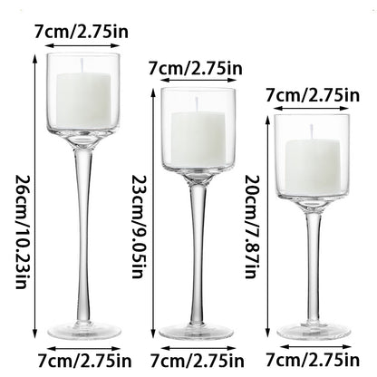 Set of 3 Clear Glass Pillar Candleholders