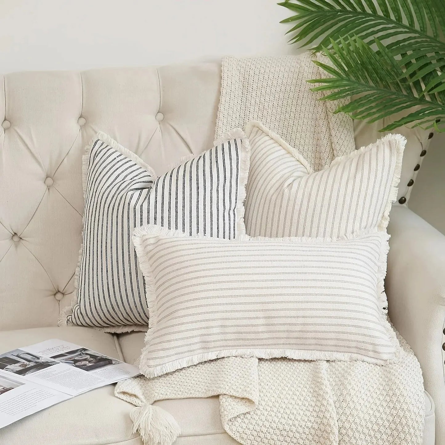 Decorative Nordic Striped Jacquard Cotton Cushion Covers With White Frill Detail - 4 Colours