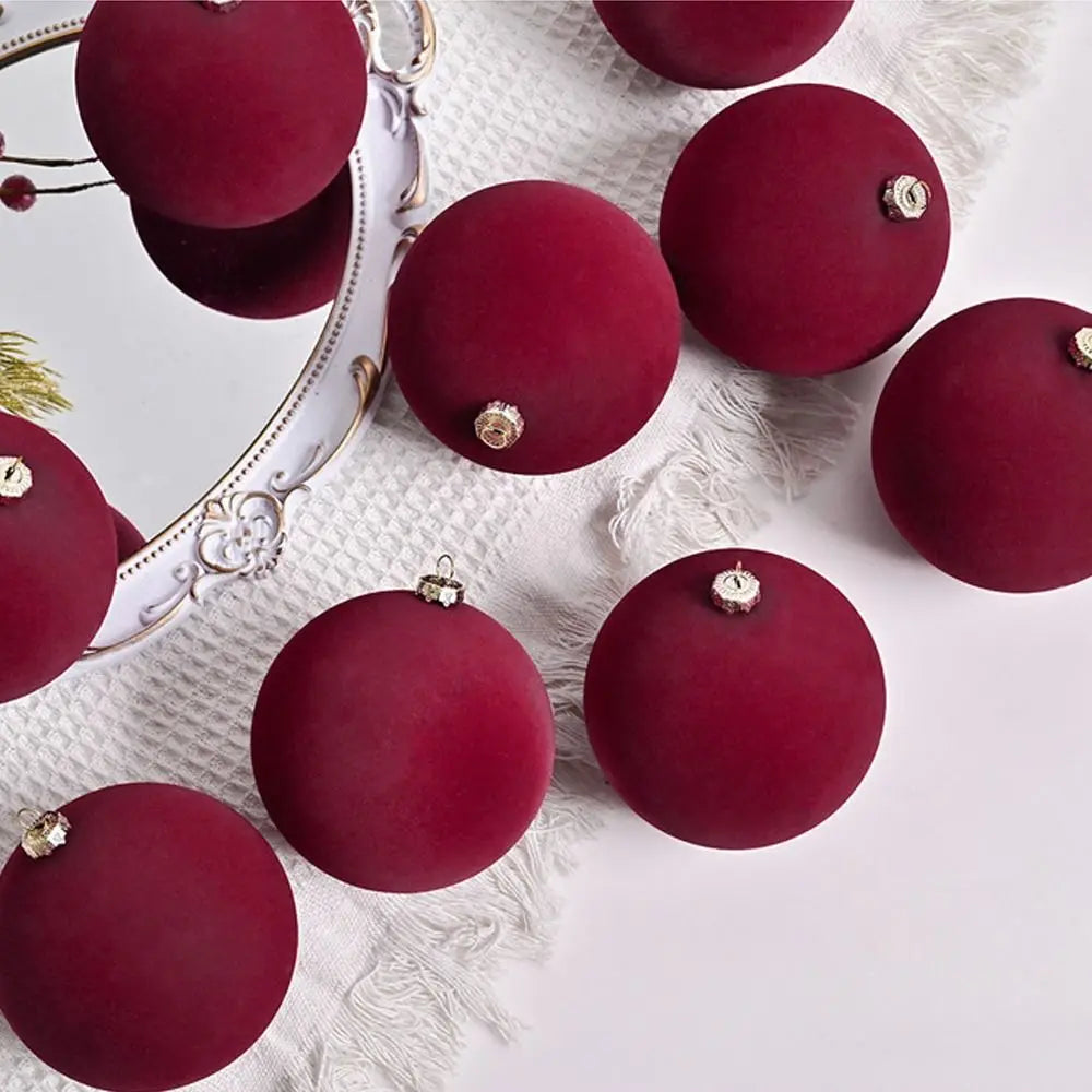 Set of 9 Large Shatterproof Velvet Christmas Tree Baubles 10cm - Burgundy